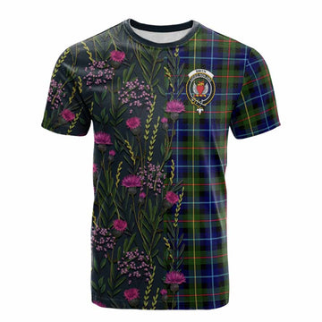 Smith Family Crest Tartan Cotton T-shirt Scottish Thistle Flower Pattern Half Style