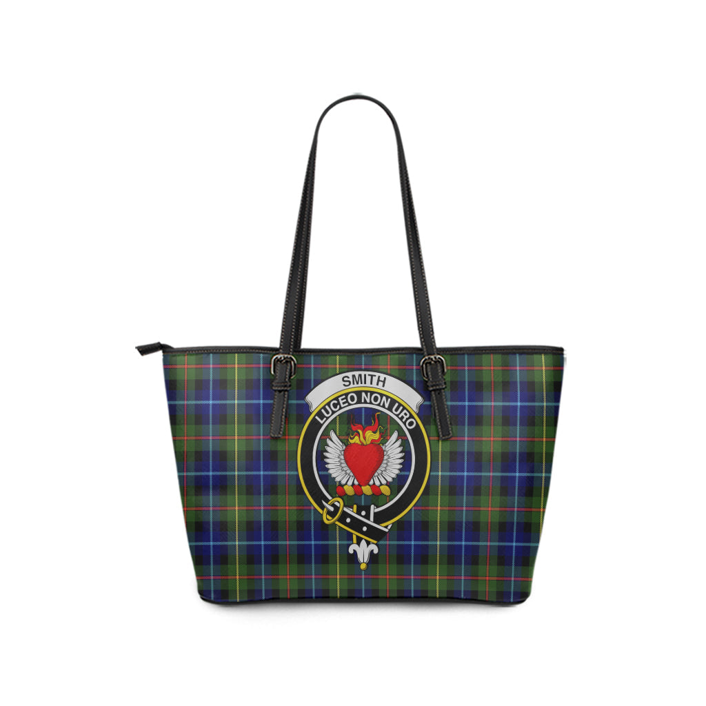 Smith Tartan Leather Tote Bag with Family Crest - Tartan Vibes Clothing