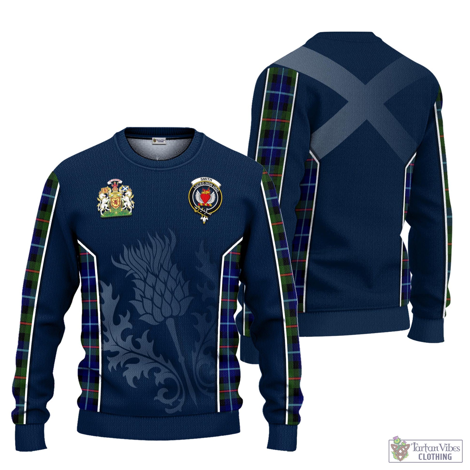 Smith Tartan Knitted Sweatshirt with Family Crest and Scottish Thistle Vibes Sport Style Unisex - Tartan Vibes Clothing