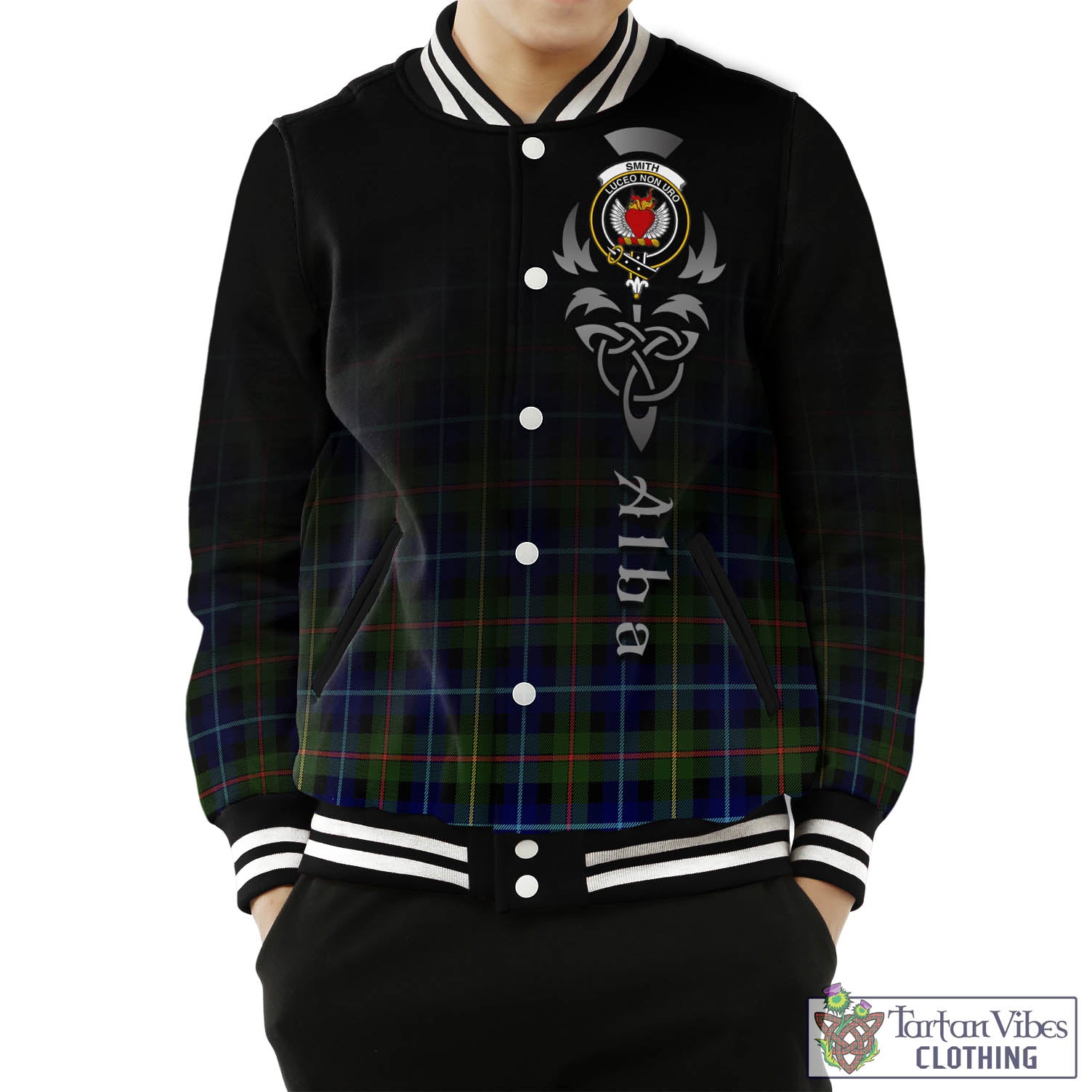 Smith Tartan Baseball Jacket Featuring Alba Gu Brath Family Crest Celtic Inspired Unisex - Tartan Vibes Clothing