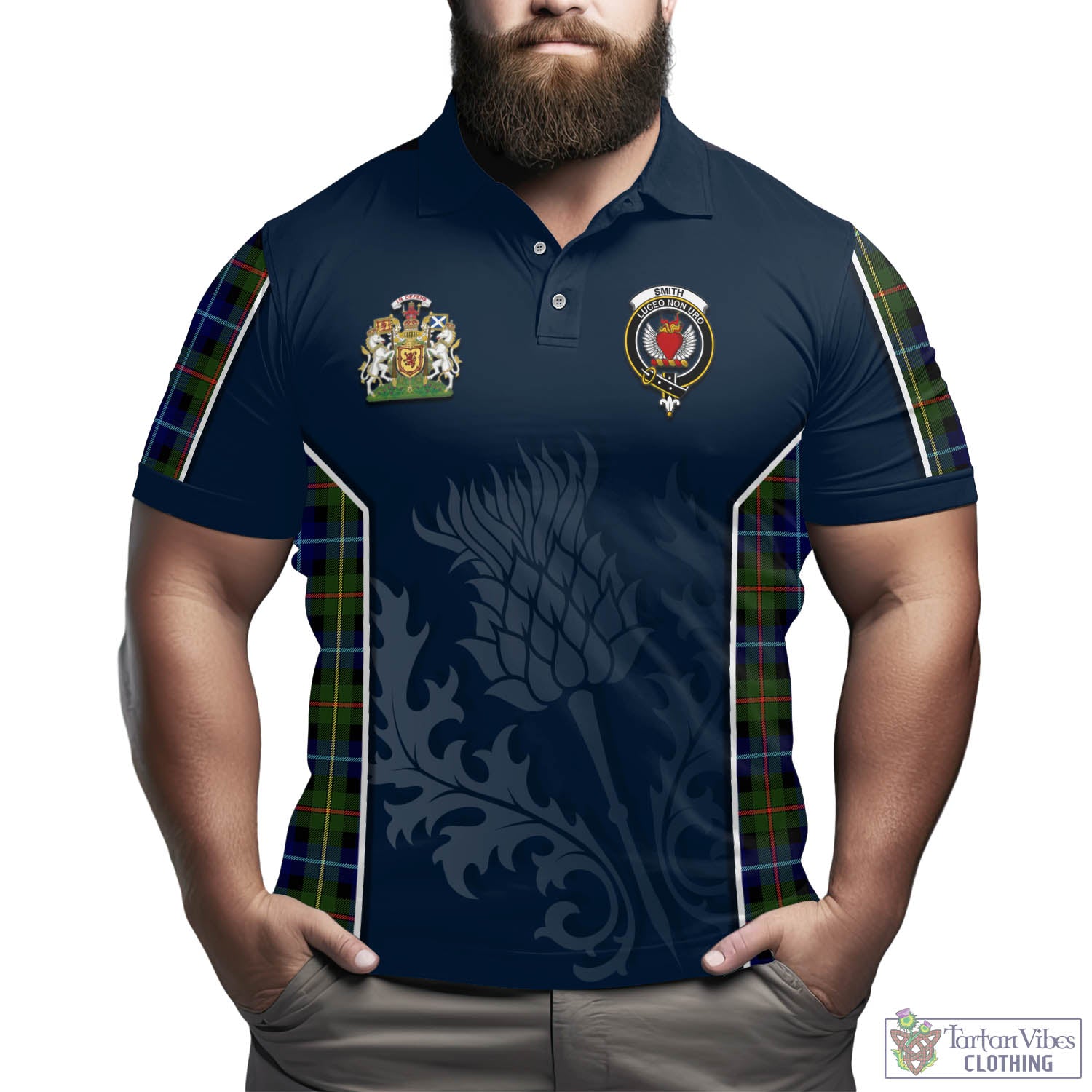 Tartan Vibes Clothing Smith Modern Tartan Men's Polo Shirt with Family Crest and Scottish Thistle Vibes Sport Style