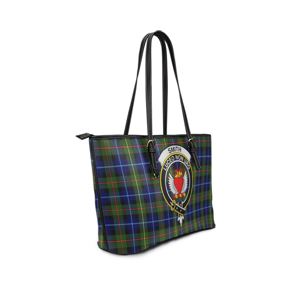 Smith Tartan Leather Tote Bag with Family Crest - Tartan Vibes Clothing