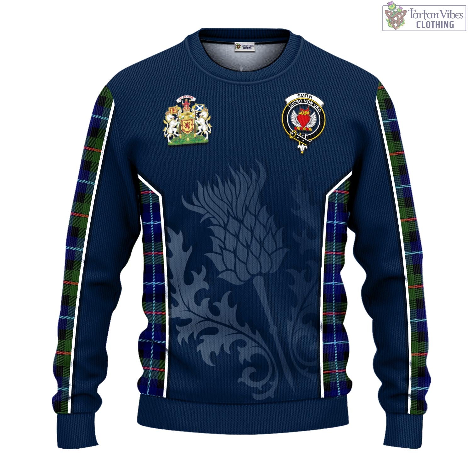 Smith Tartan Knitted Sweatshirt with Family Crest and Scottish Thistle Vibes Sport Style - Tartan Vibes Clothing