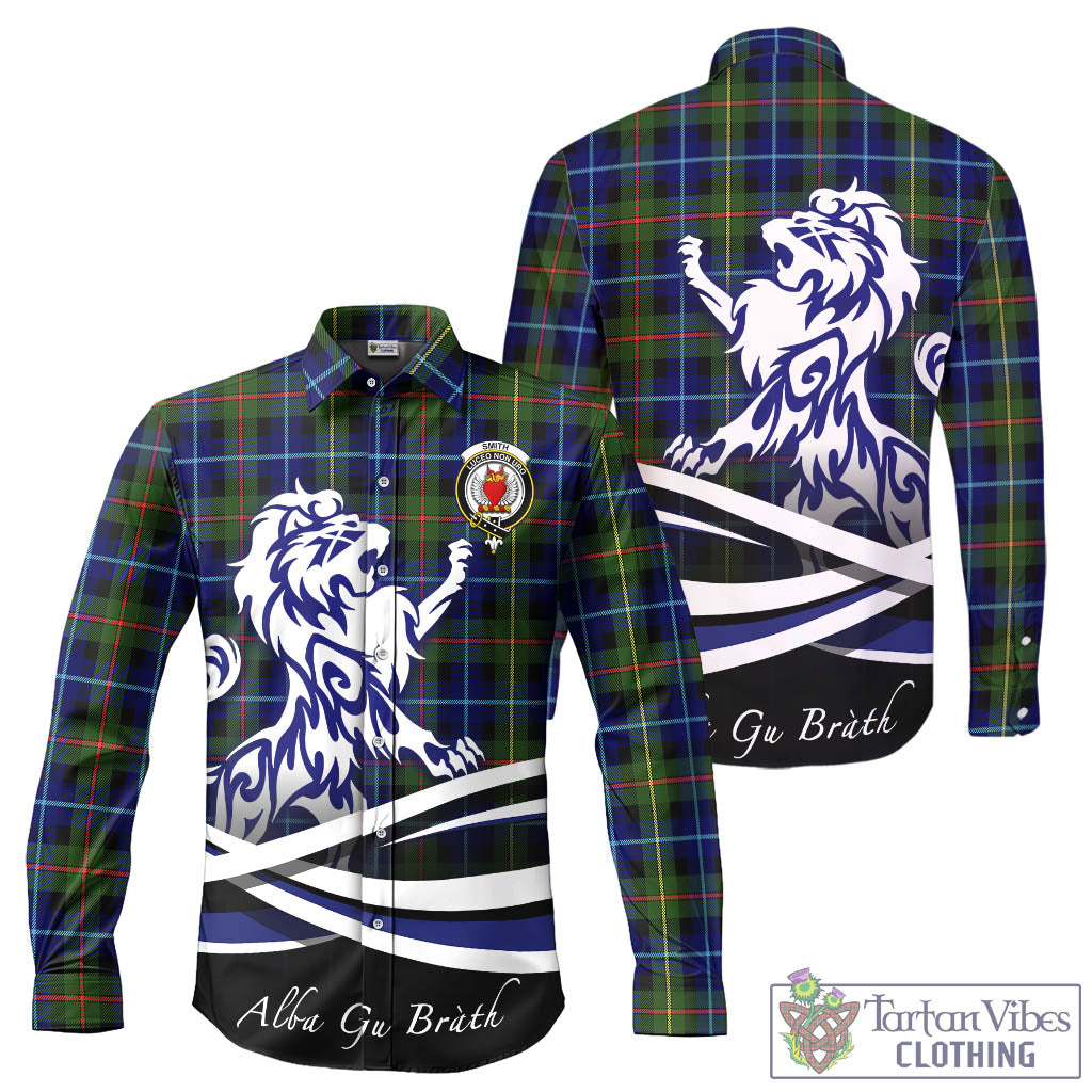 Smith Tartan Long Sleeve Button Up Shirt with Alba Gu Brath Regal Lion Emblem - Tartan Vibes Clothing