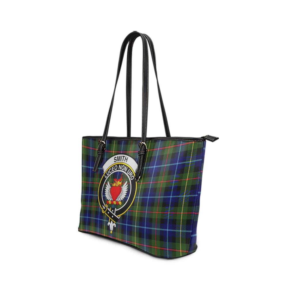 Smith Tartan Leather Tote Bag with Family Crest - Tartan Vibes Clothing
