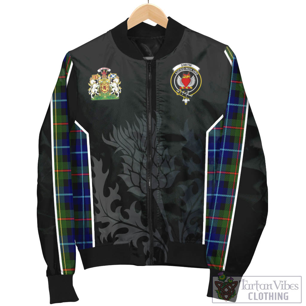 Tartan Vibes Clothing Smith Modern Tartan Bomber Jacket with Family Crest and Scottish Thistle Vibes Sport Style