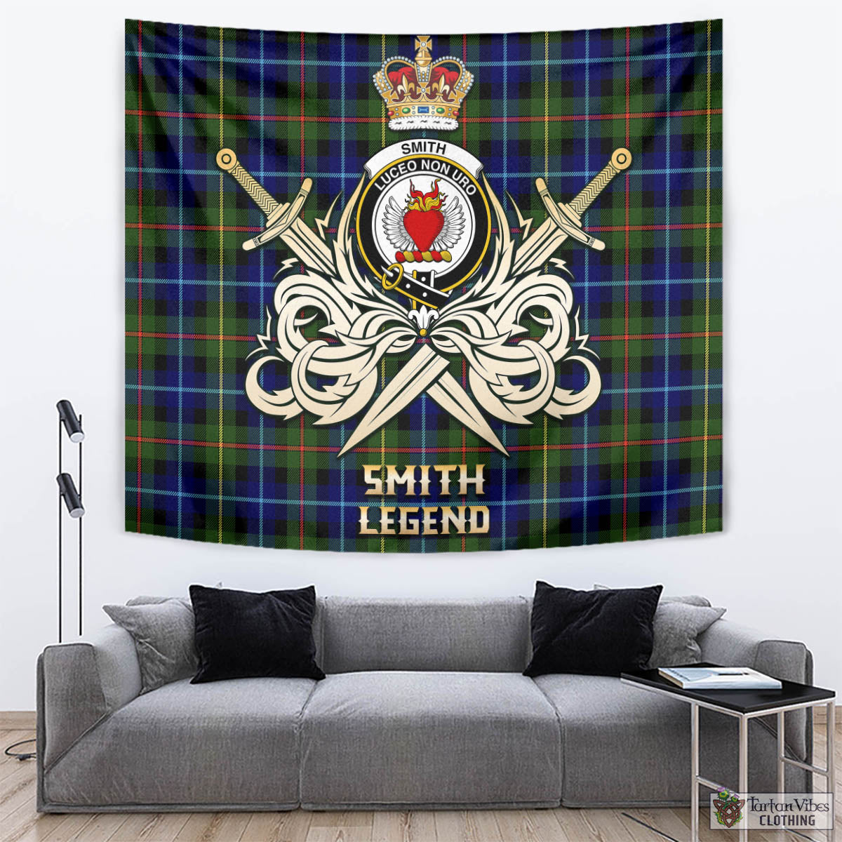 Tartan Vibes Clothing Smith Modern Tartan Tapestry with Clan Crest and the Golden Sword of Courageous Legacy