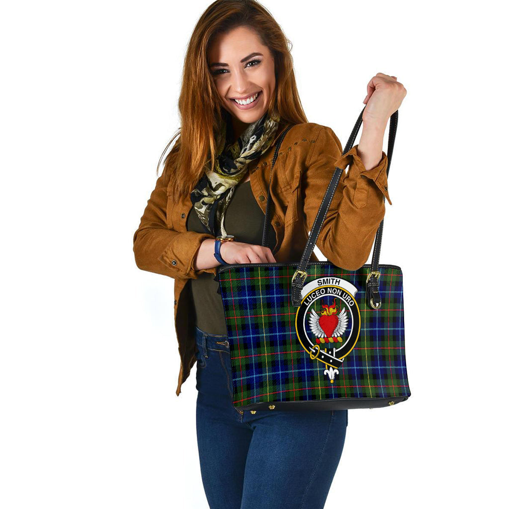 Smith Tartan Leather Tote Bag with Family Crest - Tartan Vibes Clothing