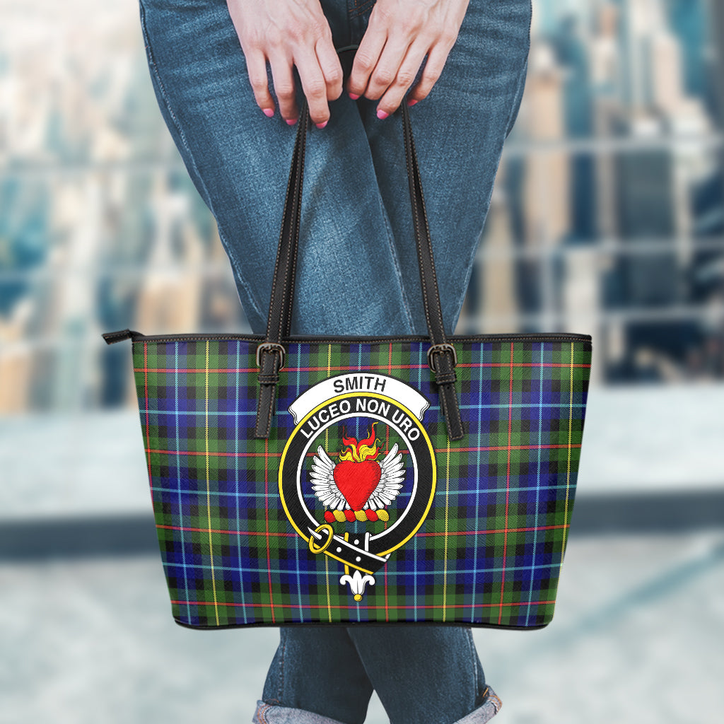 Smith Tartan Leather Tote Bag with Family Crest - Tartan Vibes Clothing