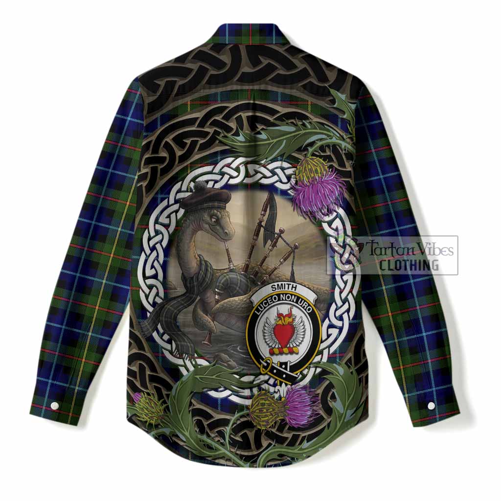 Smith Tartan Crest Bagpipe Nessie Women Casual Shirt Scottish Loch Ness Monster Celtic Thistle