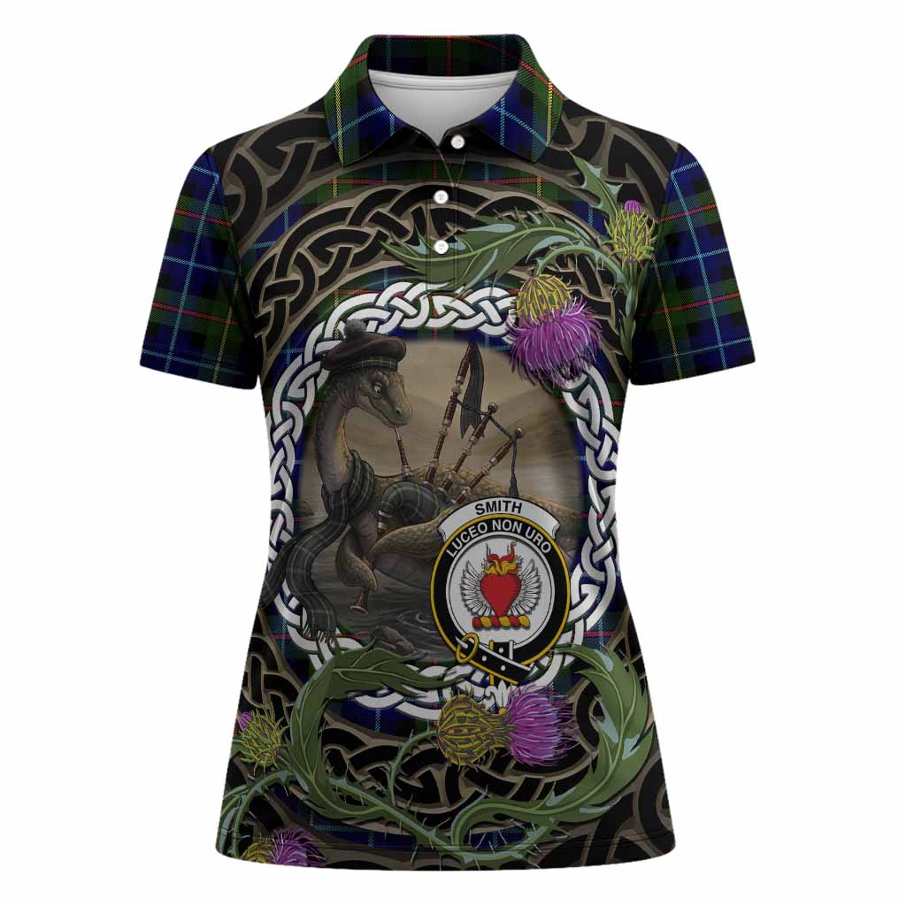 Smith Tartan Crest Bagpipe Nessie Women Polo Shirt Scottish Loch Ness Monster Celtic Thistle