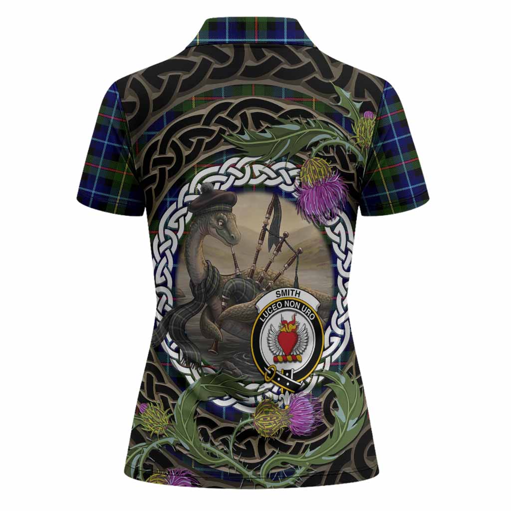 Smith Tartan Crest Bagpipe Nessie Women Polo Shirt Scottish Loch Ness Monster Celtic Thistle