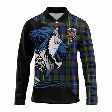 Smith Tartan Crest Long Sleeve Polo Shirt Scottish Golden Lions Wave Flow