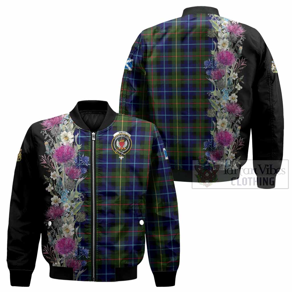 Smith Tartan Crest Thistle Floral Bomber Jacket - Tartan Vibes Clothing