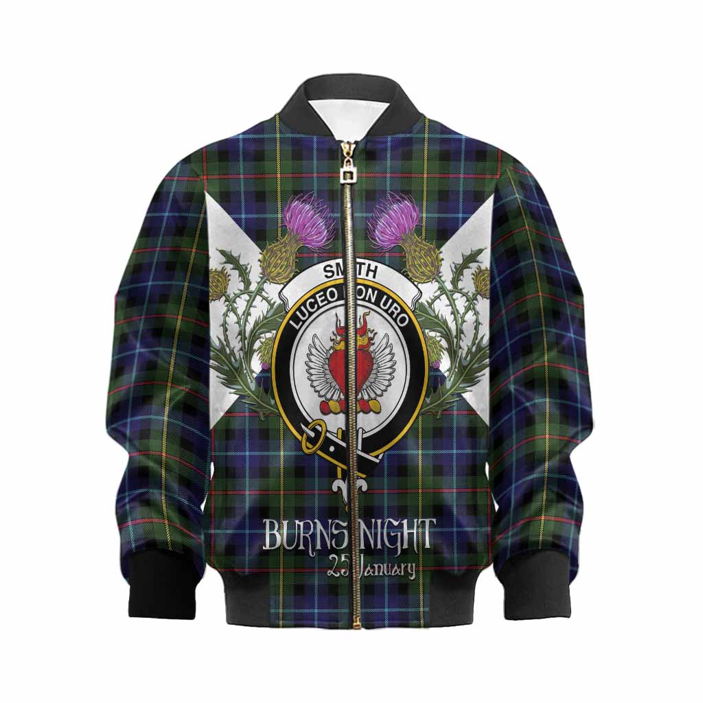 Smith Tartan Family Crest Kid Bomber Jacket Scottish Burns Night Thistle Floral