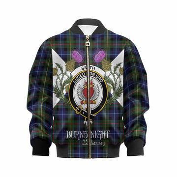 Smith Tartan Family Crest Kid Bomber Jacket Scottish Burns Night Thistle Floral