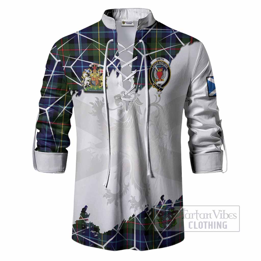 Smith Tartan Ghillie Shirt with Family Crest and Lion Rampant Grunge Style