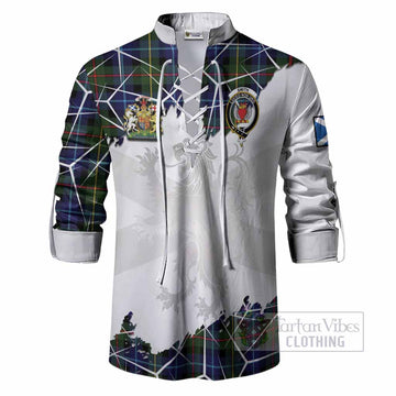 Smith Tartan Ghillie Shirt with Family Crest and Lion Rampant Grunge Style