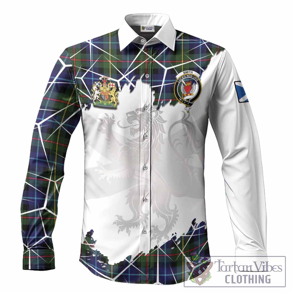 Smith Tartan Long Sleeve Button Shirts with Family Crest and Lion Rampant Grunge Style