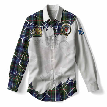 Smith Tartan Women Casual Shirt with Family Crest and Lion Rampant Grunge Style