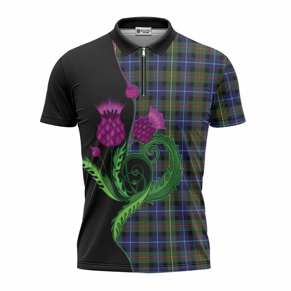Smith Tartan Zipper Polo Shirt Traditional Scottish Thistle