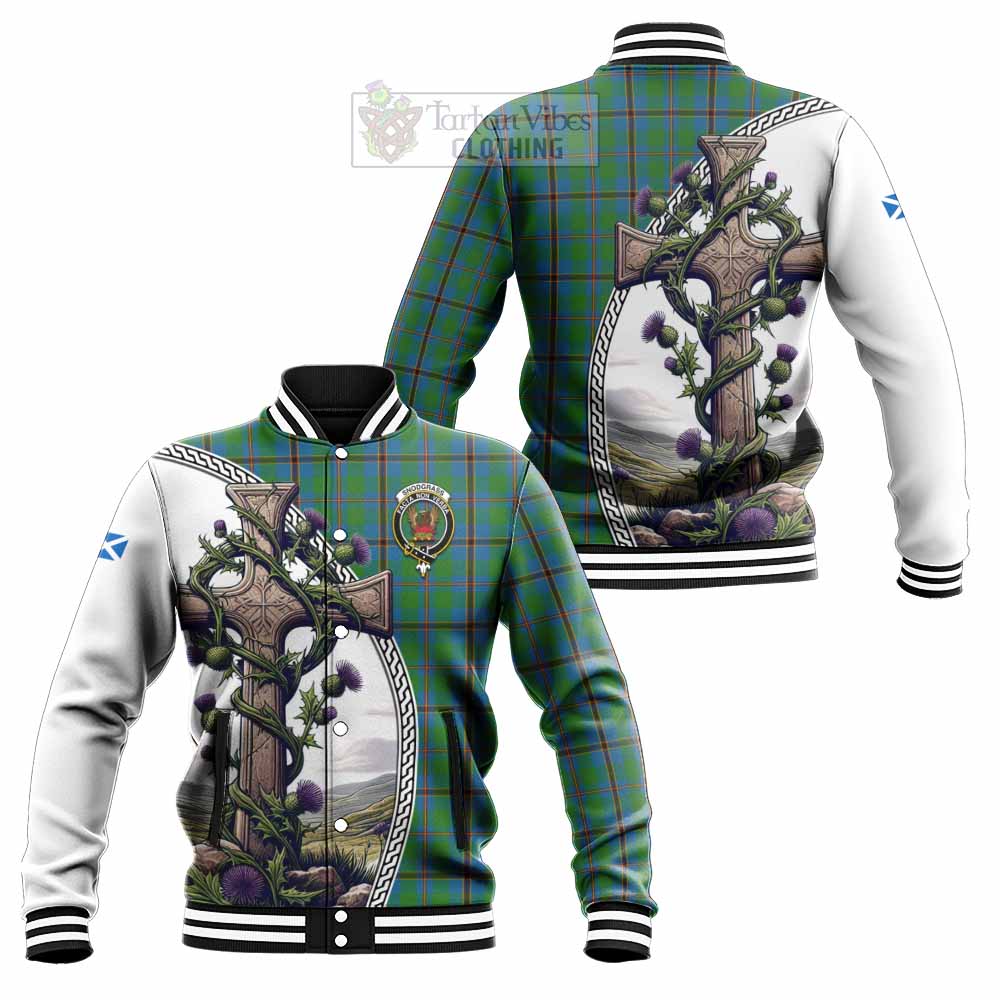 Snodgrass Tartan Baseball Jacket with Family Crest and St. Andrew's Cross Accented by Thistle Vines Unisex - Tartan Vibes Clothing