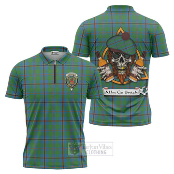 Snodgrass Tartan Zipper Polo Shirt with Family Crest and Bearded Skull Holding Bottles of Whiskey Unisex - Tartan Vibes Clothing