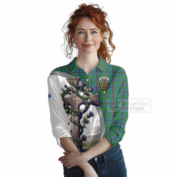 Snodgrass Tartan Women's Casual Shirt with Family Crest and St. Andrew's Cross Accented by Thistle Vines Female - Tartan Vibes Clothing