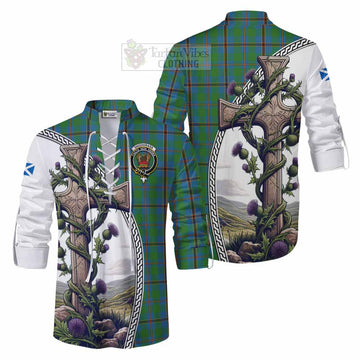 Snodgrass Tartan Ghillie Kilt Shirt with Family Crest and St. Andrew's Cross Accented by Thistle Vines Men - Tartan Vibes Clothing
