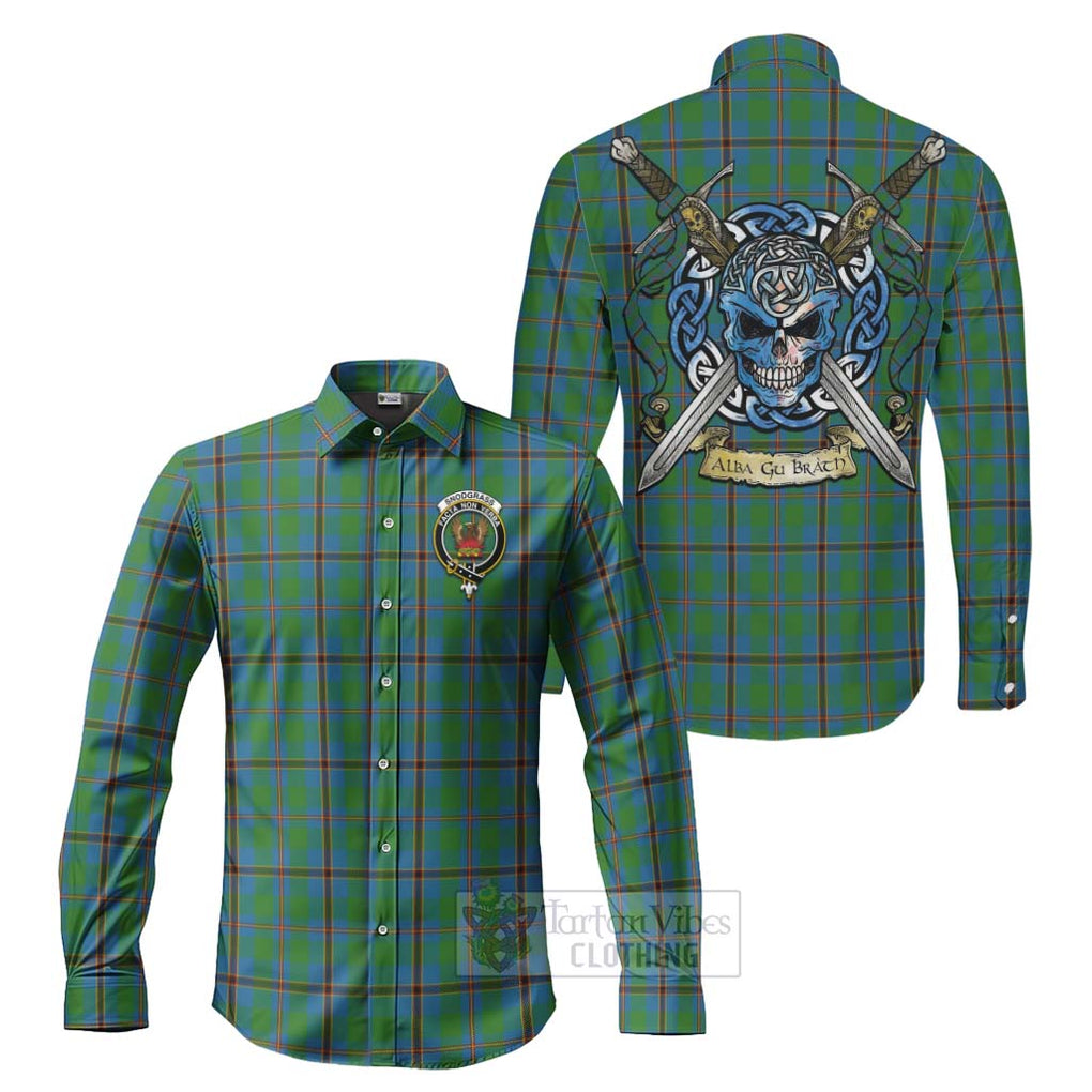 Snodgrass Tartan Long Sleeve Button Shirt with Family Crest Celtic Skull Style Men's Shirt S - Tartan Vibes Clothing