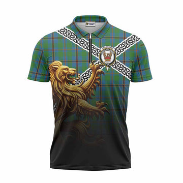 Snodgrass Crest Tartan Zipper Polo Shirt with Golden Lion Emblem Celtic Style Unisex - Tartan Vibes Clothing