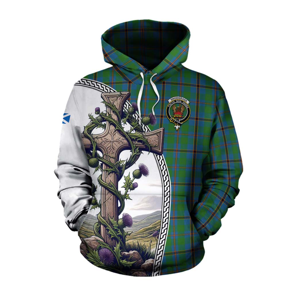 Tartan Vibes Clothing Snodgrass Tartan Cotton Hoodie with Family Crest and St. Andrew's Cross Accented by Thistle Vines
