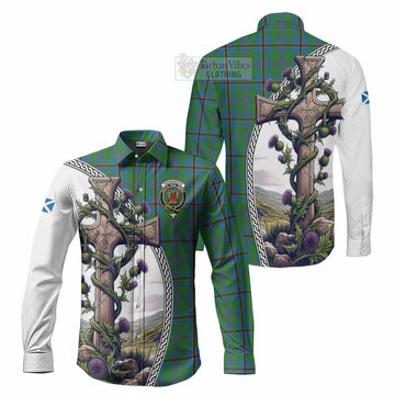 Snodgrass Tartan Long Sleeve Button Shirt with Family Crest and St. Andrew's Cross Accented by Thistle Vines Men's Shirt S - Tartan Vibes Clothing