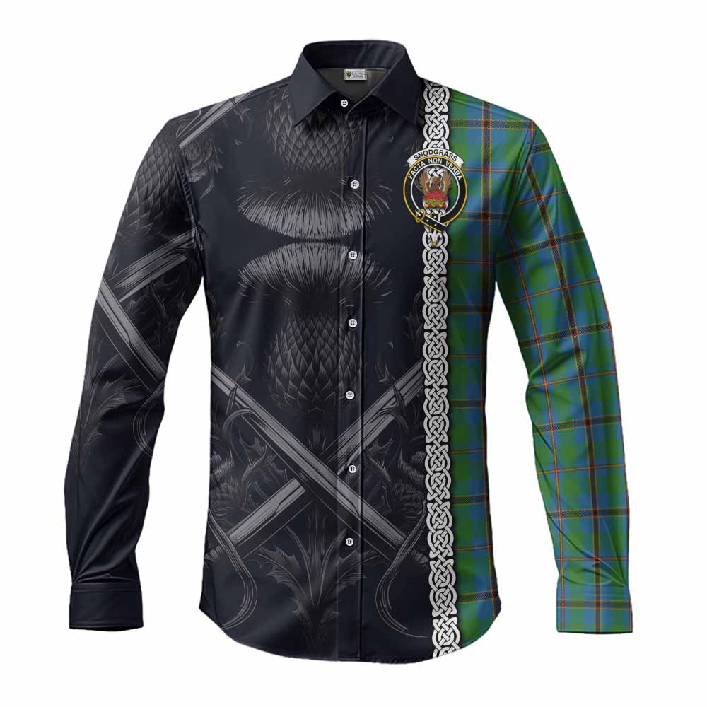 Tartan Vibes Clothing Snodgrass Tartan Long Sleeve Button Shirt with Family Crest Cross Sword Thistle Celtic Vibes