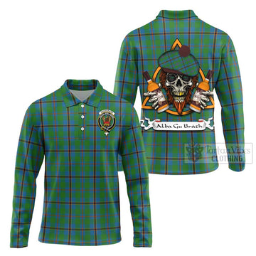 Snodgrass Tartan Long Sleeve Polo Shirt with Family Crest and Bearded Skull Holding Bottles of Whiskey Unisex - Tartan Vibes Clothing