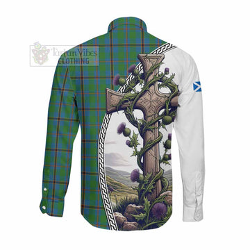 Snodgrass Tartan Long Sleeve Button Shirt with Family Crest and St. Andrew's Cross Accented by Thistle Vines Men's Shirt - Tartan Vibes Clothing