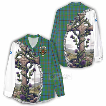Snodgrass Tartan Women's Casual Shirt with Family Crest and St. Andrew's Cross Accented by Thistle Vines - Tartan Vibes Clothing