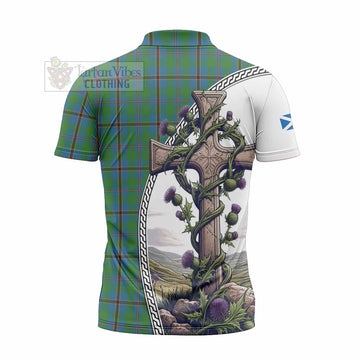 Snodgrass Tartan Zipper Polo Shirt with Family Crest and St. Andrew's Cross Accented by Thistle Vines - Tartan Vibes Clothing