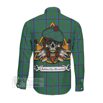 Snodgrass Tartan Long Sleeve Button Shirt with Family Crest and Bearded Skull Holding Bottles of Whiskey Men's Shirt - Tartan Vibes Clothing