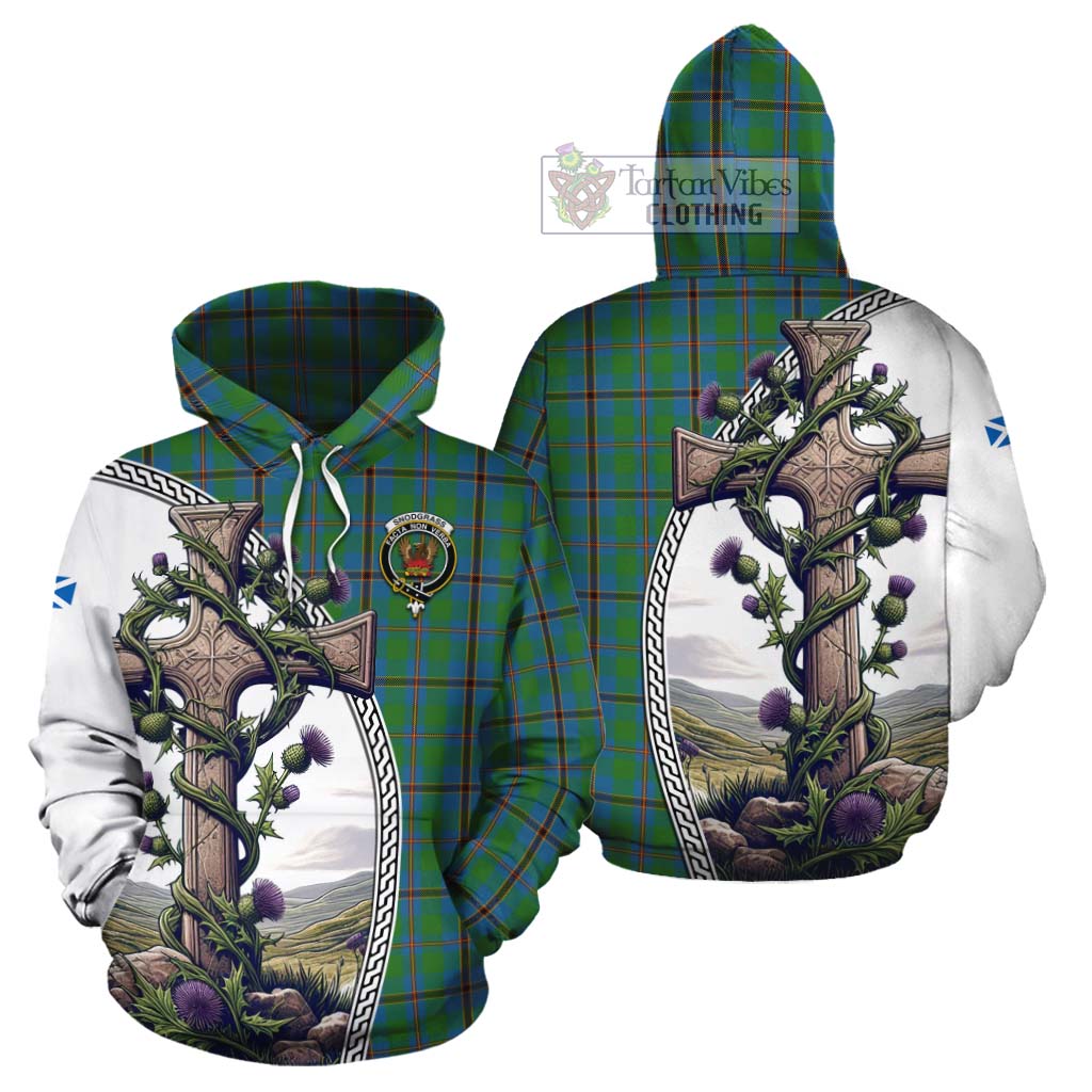 Tartan Vibes Clothing Snodgrass Tartan Cotton Hoodie with Family Crest and St. Andrew's Cross Accented by Thistle Vines