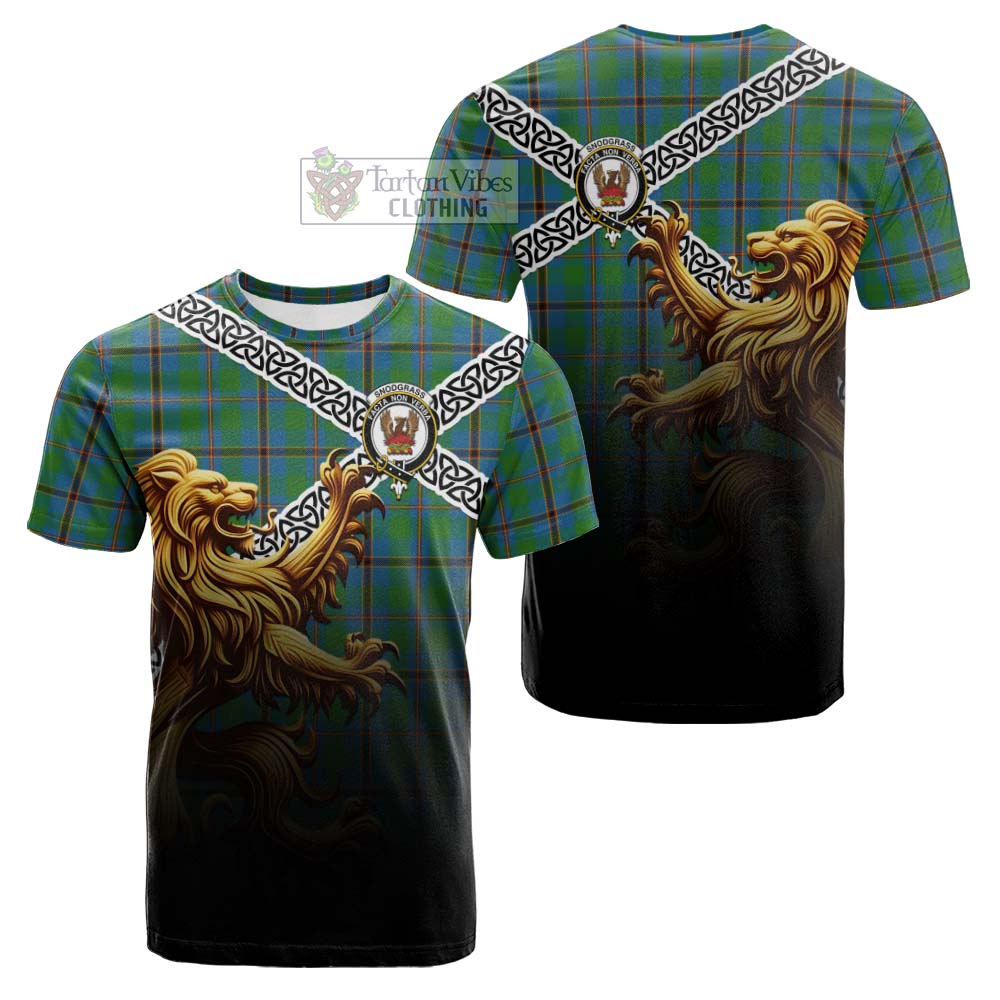 Snodgrass Crest Tartan Cotton T-shirt with Golden Lion Emblem Celtic Style - Tartan Vibes Clothing