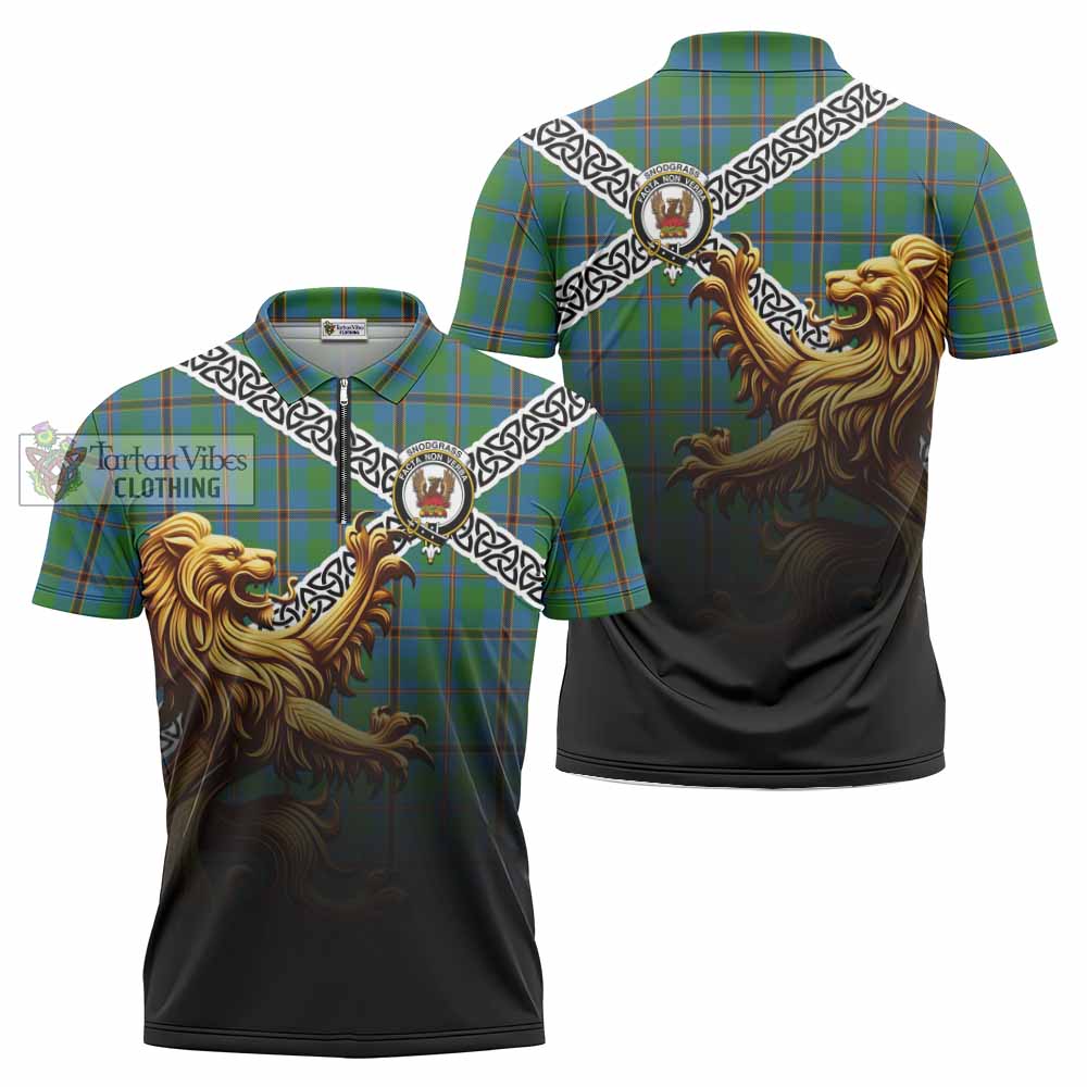 Snodgrass Crest Tartan Zipper Polo Shirt with Golden Lion Emblem Celtic Style - Tartan Vibes Clothing
