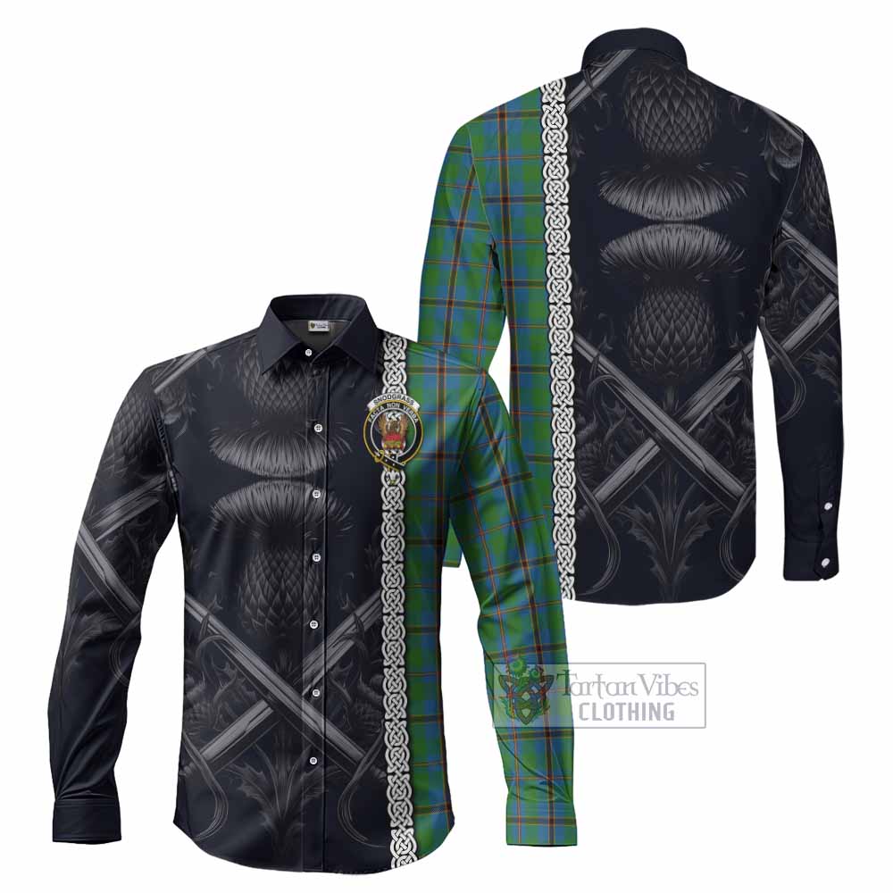 Tartan Vibes Clothing Snodgrass Tartan Long Sleeve Button Shirt with Family Crest Cross Sword Thistle Celtic Vibes