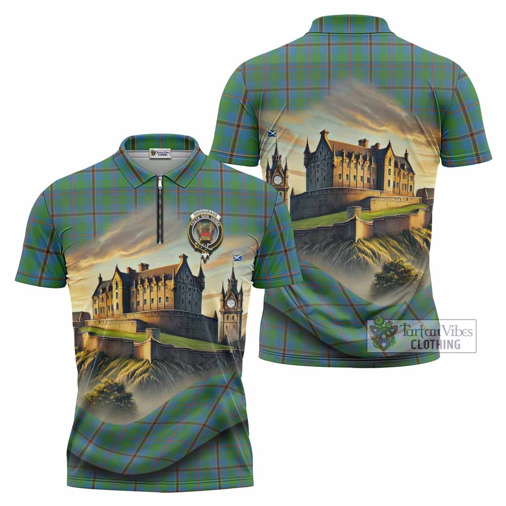 Snodgrass Tartan Family Crest Zipper Polo Shirt with Scottish Ancient Castle Style - Tartan Vibes Clothing