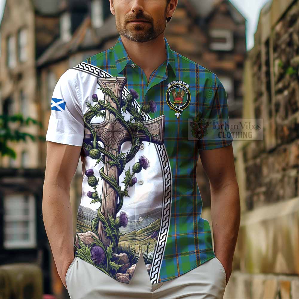 Snodgrass Tartan Hawaiian Shirt with Family Crest and St. Andrew's Cross Accented by Thistle Vines - Tartan Vibes Clothing