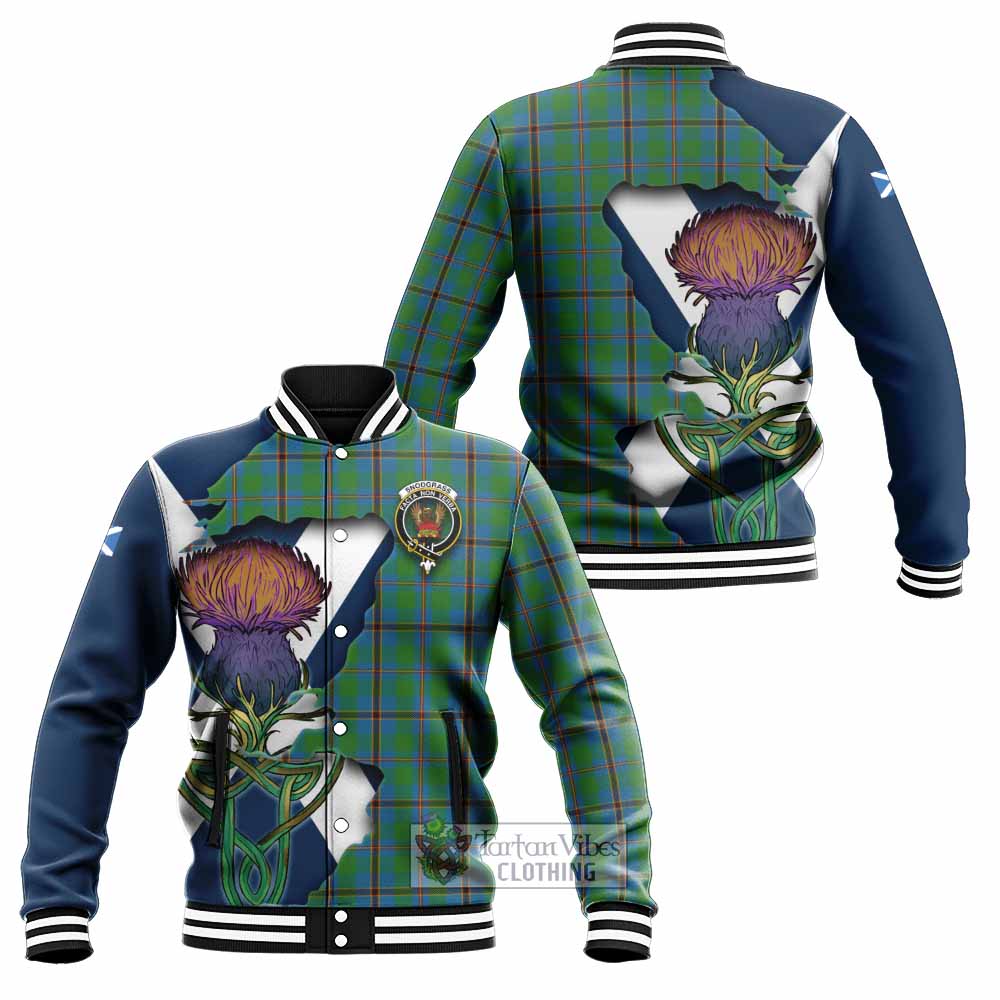Tartan Vibes Clothing Snodgrass Tartan Family Crest Baseball Jacket Scottish Thistle Celtic Inspired