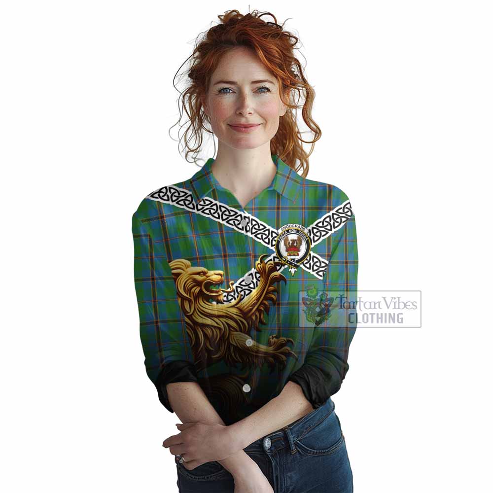 Snodgrass Crest Tartan Women's Casual Shirt with Golden Lion Emblem Celtic Style - Tartan Vibes Clothing