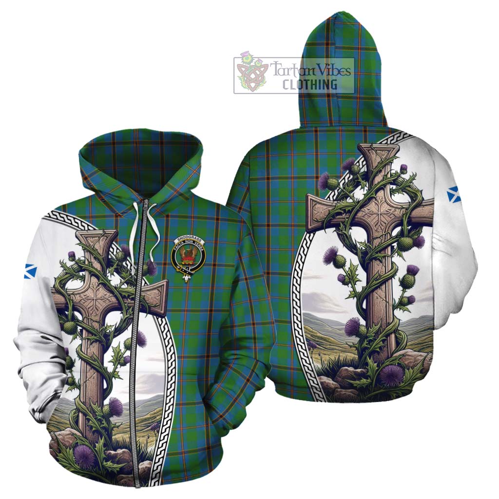 Tartan Vibes Clothing Snodgrass Tartan Cotton Hoodie with Family Crest and St. Andrew's Cross Accented by Thistle Vines