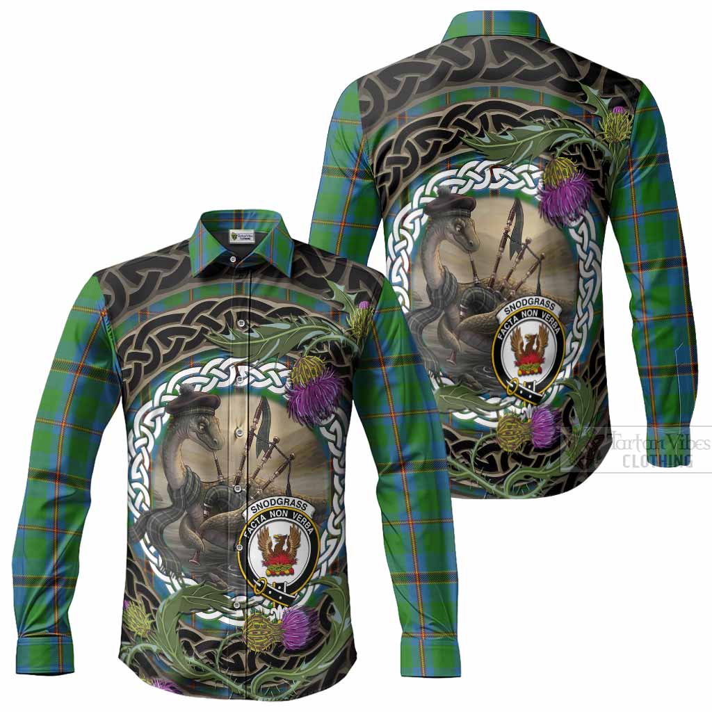 Snodgrass Tartan Crest Bagpipe Nessie Long Sleeve Button Shirts Scottish Loch Ness Monster Celtic Thistle