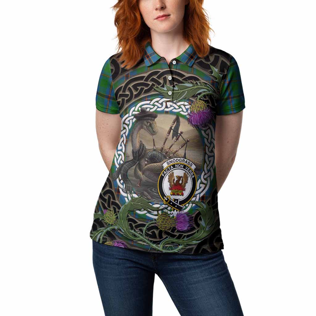 Snodgrass Tartan Crest Bagpipe Nessie Women Polo Shirt Scottish Loch Ness Monster Celtic Thistle